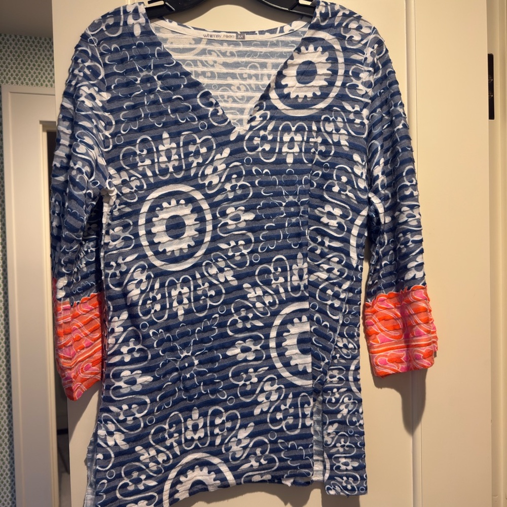 Chic Blue and Pink Patterned Women's Long Sleeve Top (Whimsy Rose)